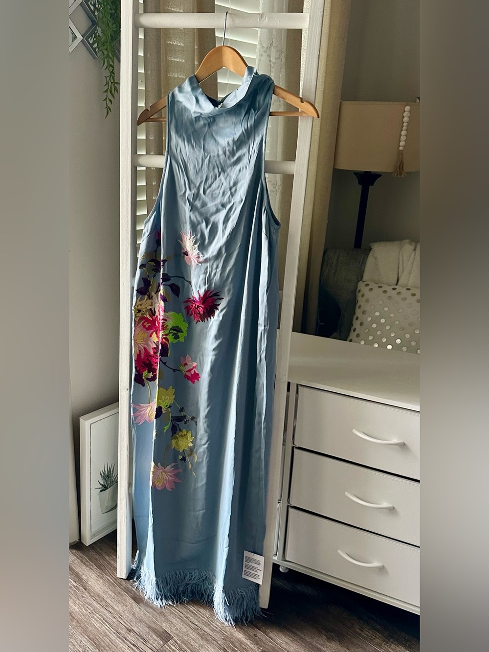 Sleeveless Floral Embroidered Fringed Hem Halter Midi Dress - Picture 2 of 6
